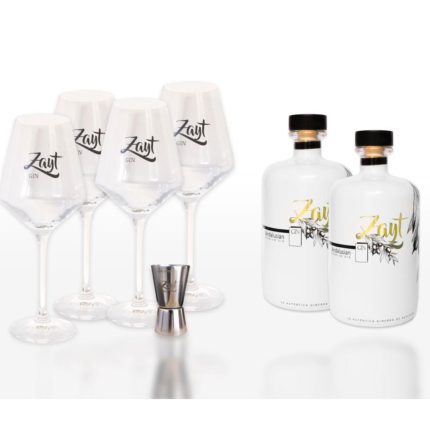 Ginebra de Aceitunas -ZAYT GIN- Pack Aloreña- 2 botellas 70 cl- 4 copas-1 jigger