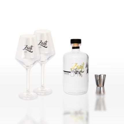 Ginebra de Aceituna ZAYT GIN - Pack Arbosana- 1 botella 70 cl- 2 copas-1 jigger